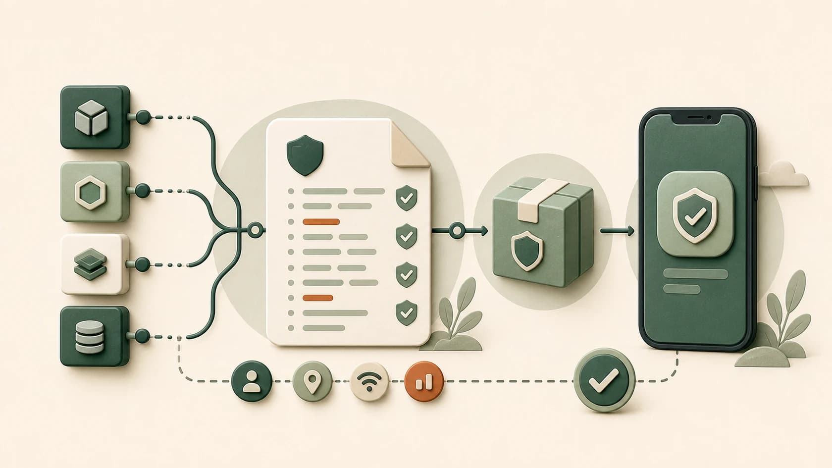 Illustration of a PrivacyInfo xcprivacy file between React Native dependencies and an iOS app bundle