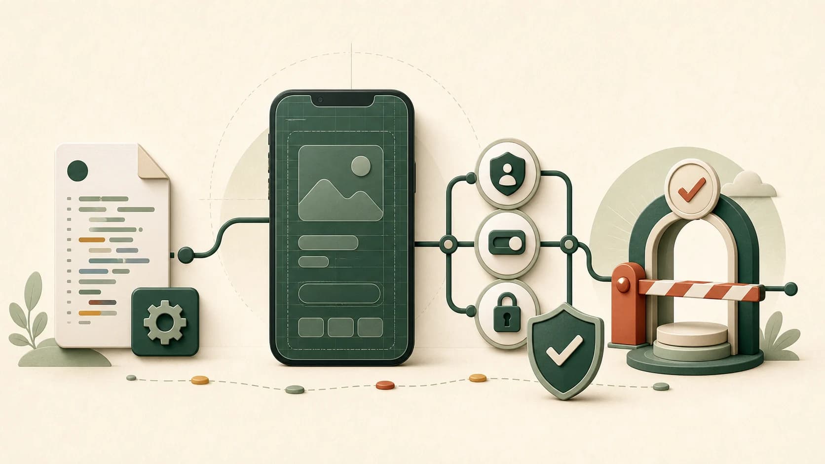 Illustration of an Expo configuration moving through permissions and privacy checks toward store review