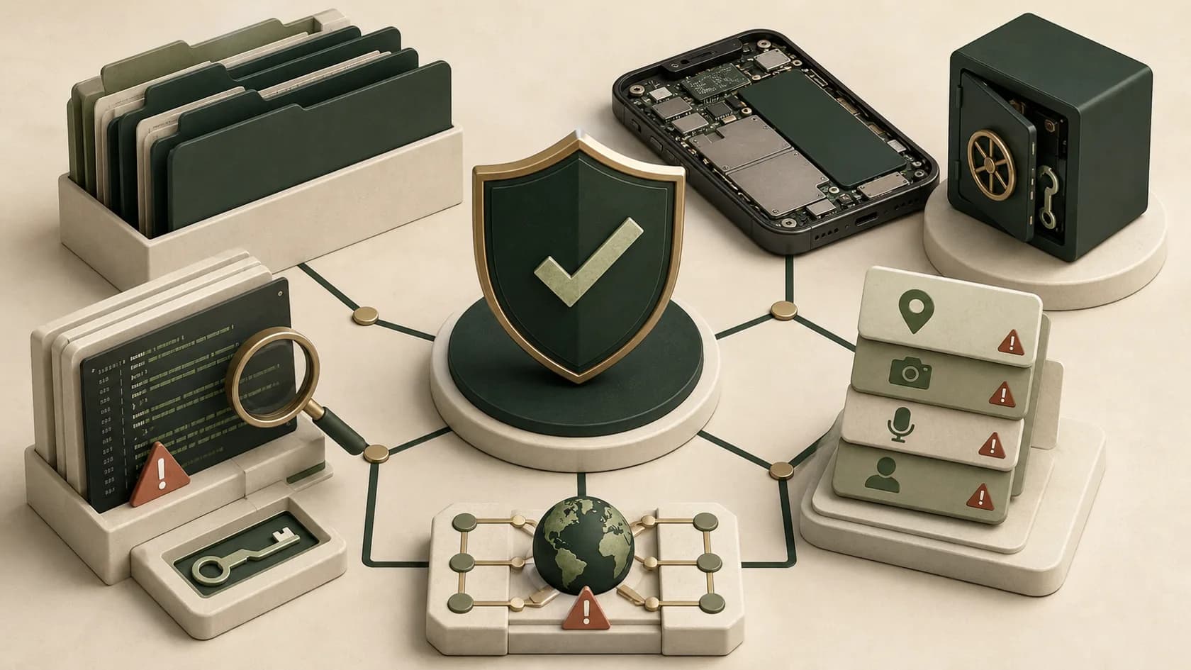 Static security review of app files, device data, network, and permissions